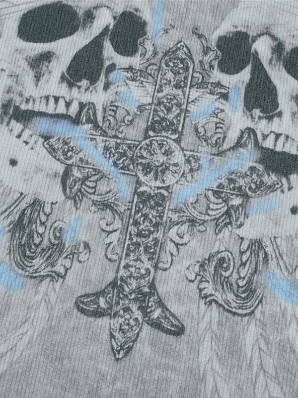 Grey vintage long-sleeved shirt with cross and skull print