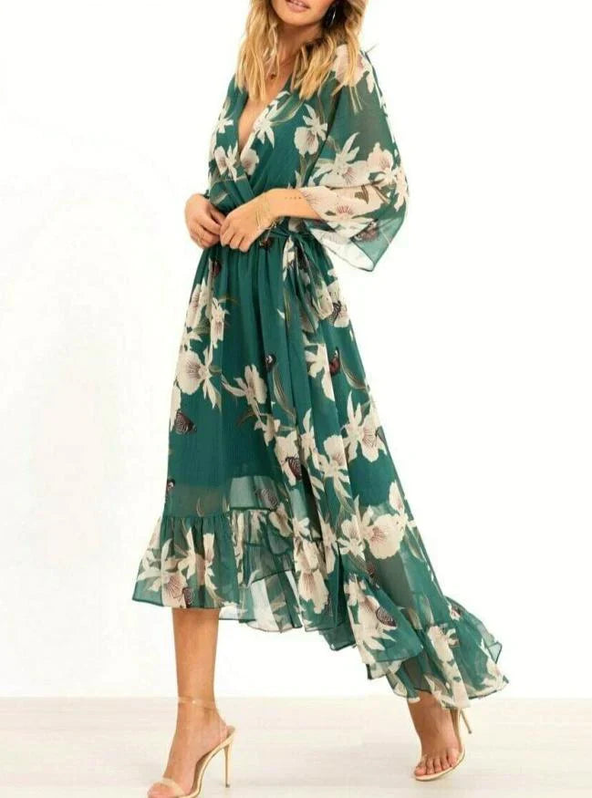 Eva - Green Floral Maxi Dress