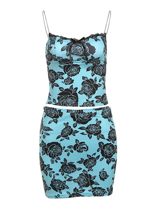 Vintage rose pattern lace trim camisole & mini skirt set