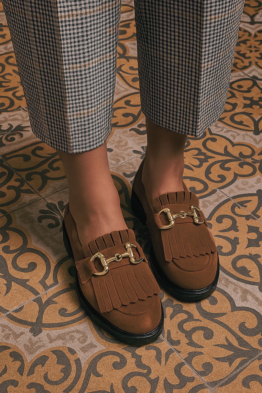 Brown suede metal buckle tassel slip-on loafers