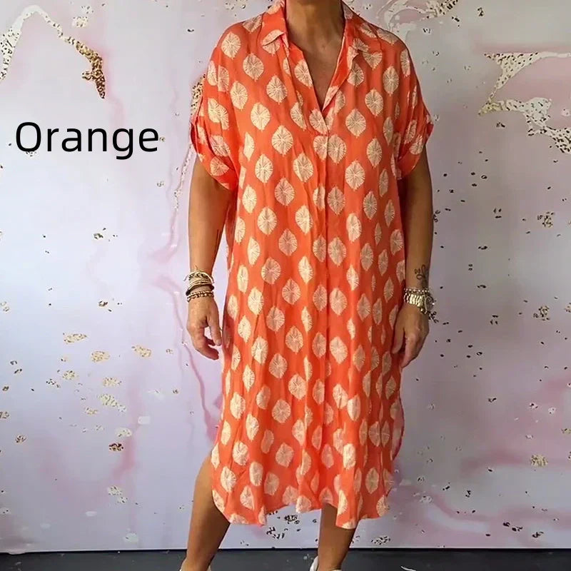 Women's Lapel Short-Sleeve Print Slit Hem Dress