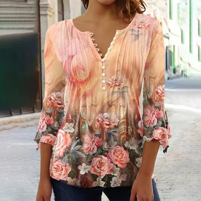 🌸💐2026 Mode neue Blumen gedruckt V-Ausschnitt plissiert Knopf T-Shirt unten Shirt