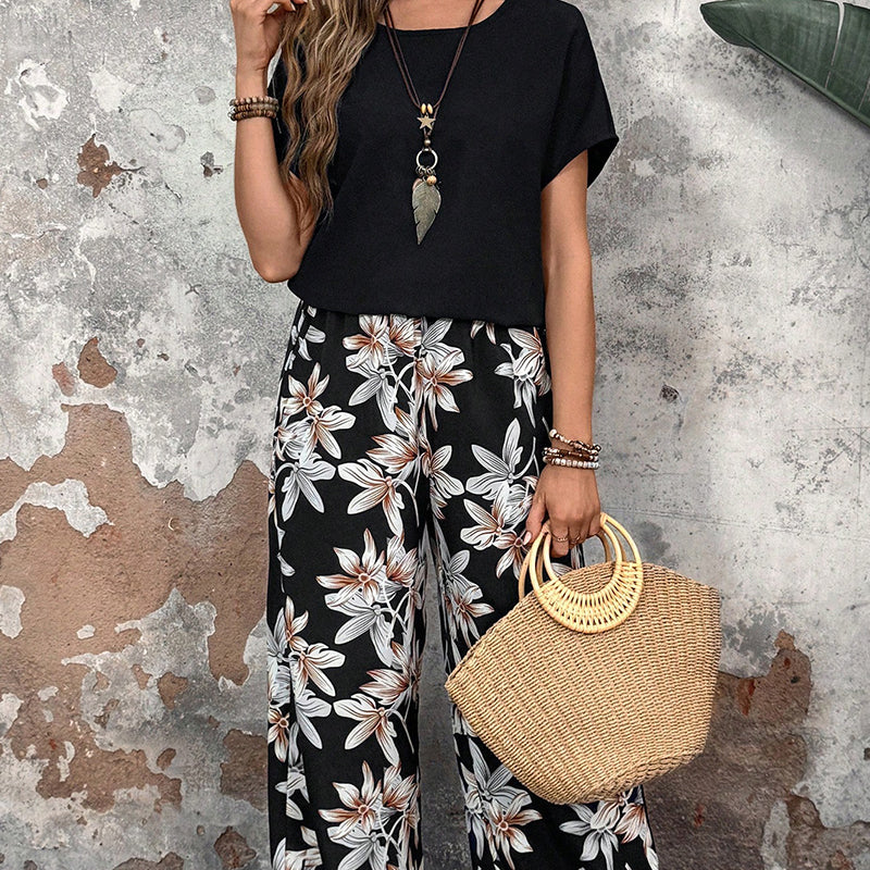 ⏳Begrenzte Zeit 50% Rabatt💥Lässiges Damen-Set mit weiten Hosen und kurzärmligem Oberteil mit Blumenmuster