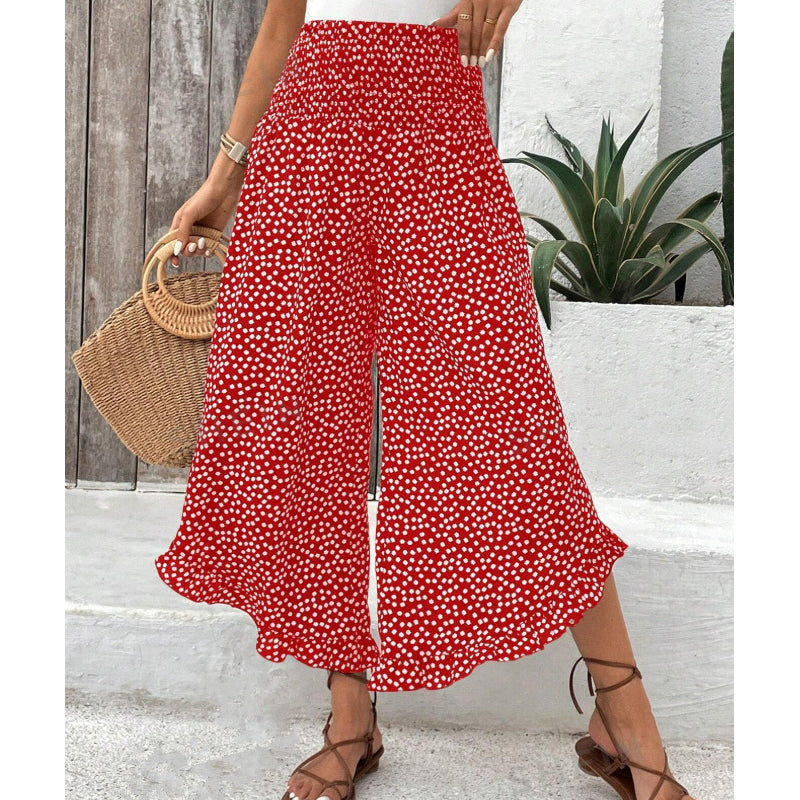 🌸 Weite Damenhose mit hoher Taille – Punkte-Print, Rüschensaum, figurbetonend & luftig leicht. ✨