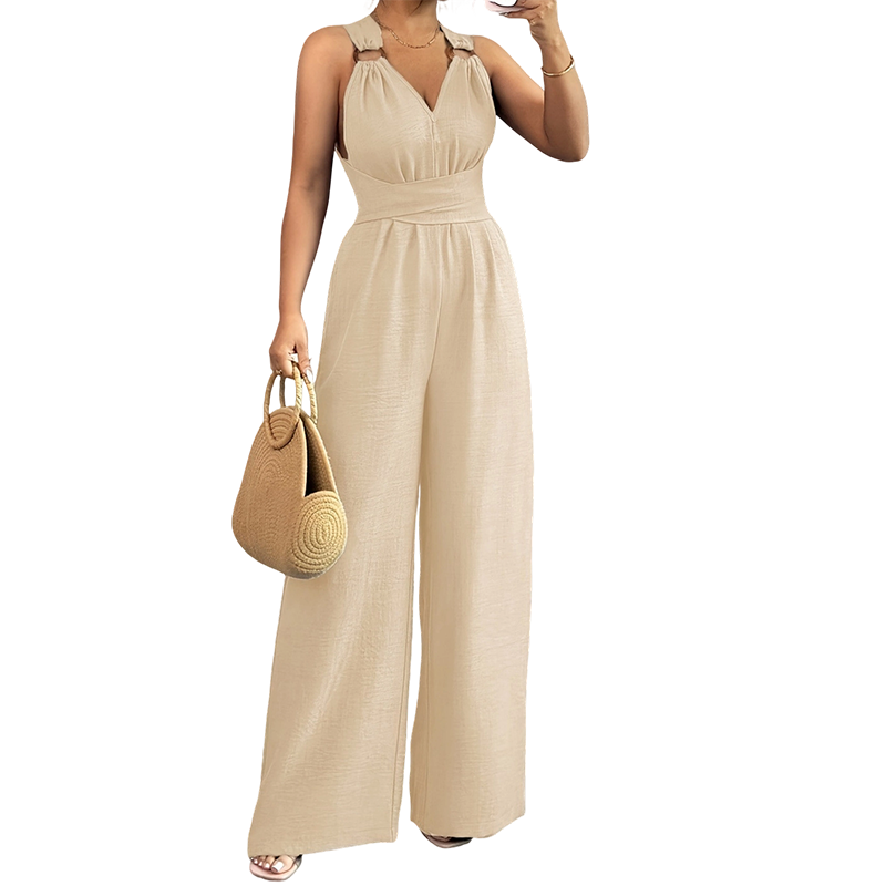⏰🎁Jumpsuit mit Neckholder, V-Ausschnitt, rückenfreiem Design und weitem Bein