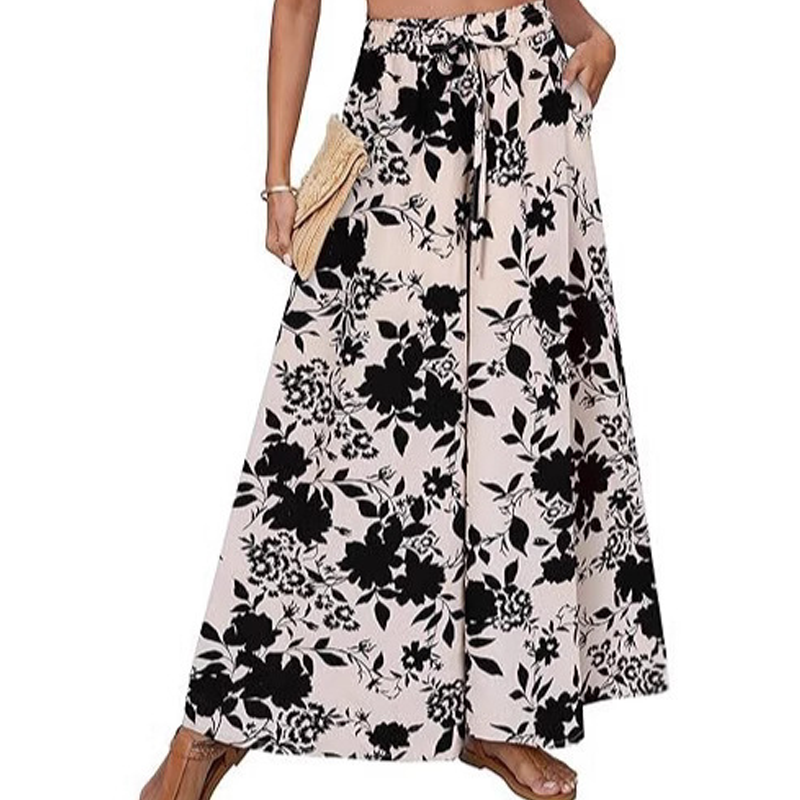 Weite Hose mit hoher Taille und floralen Boho-Mustern