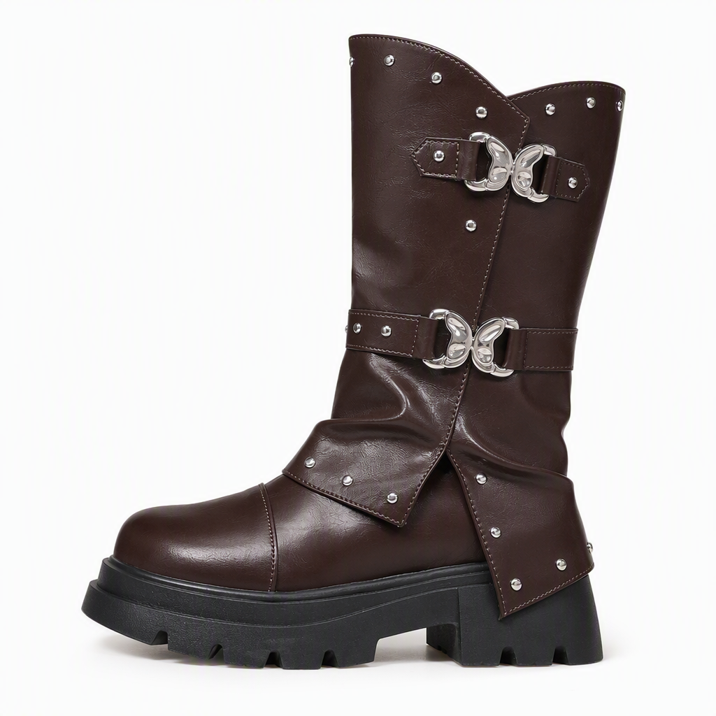 Damen Plateau-Stiefeletten mit mittlerem Blockabsatz, runder Zehenpartie, Nahtdetails, umschlagbarem Schaft und Schnallenriemen