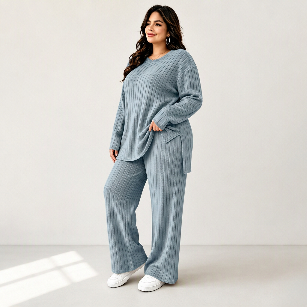 🌊Winter-Sale! Bis zu 50%!🌊 Damen Rippstrick-Top mit seitlichem Schlitz und Hosen Set