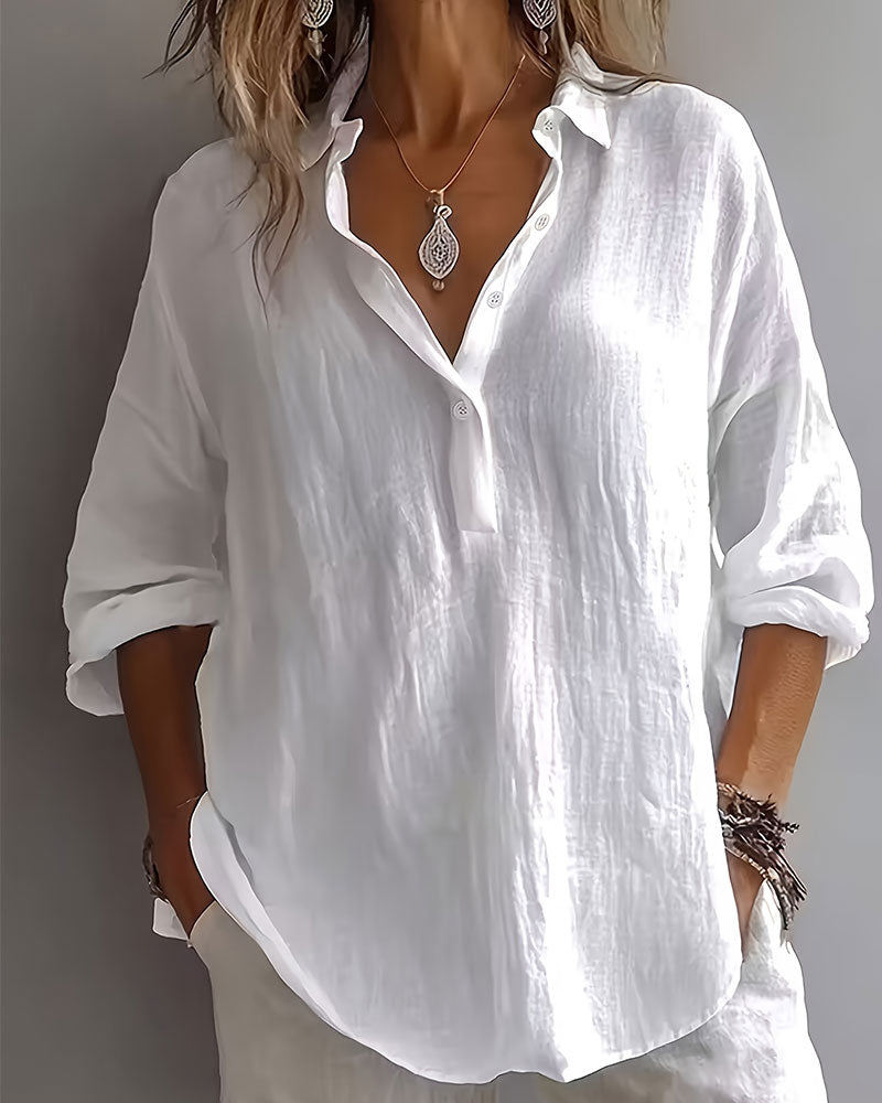 Bluse Einfarbig Revers Halbe Knopfleiste Langarm