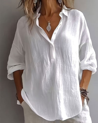 Bluse Einfarbig Revers Halbe Knopfleiste Langarm
