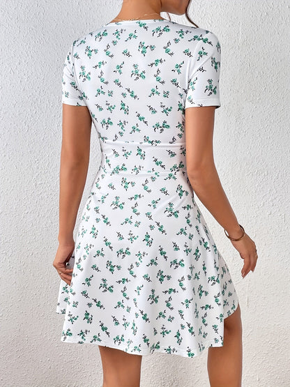 White floral dress - Anna, V-neck, short sleeves