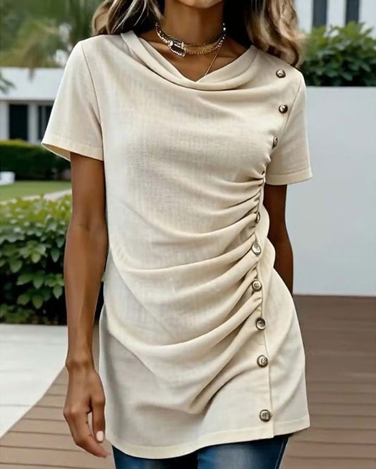 Bluse Slim Fit Drapierter Ausschnitt Kurzarm