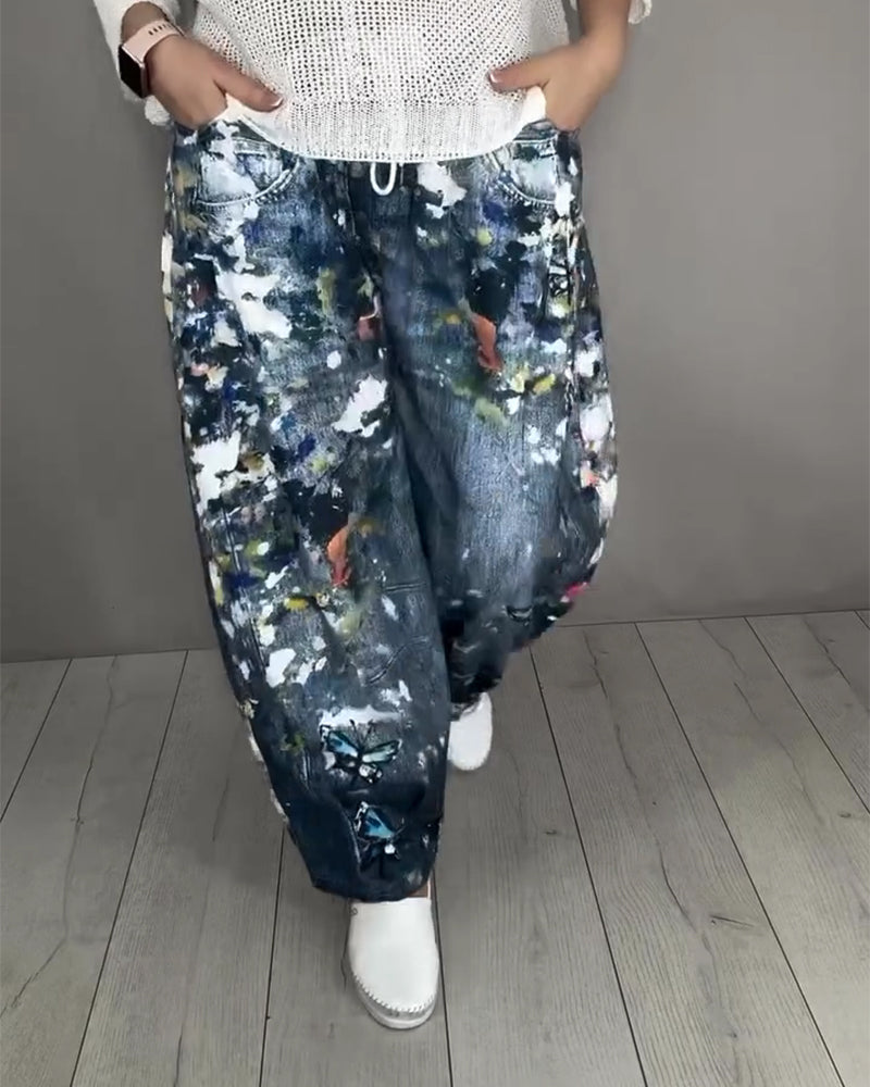 Jeans Spritzer Druck Kordelzug
