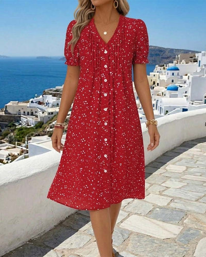 Kleid Blumenmuster V-Ausschnitt Knopfleiste vorne