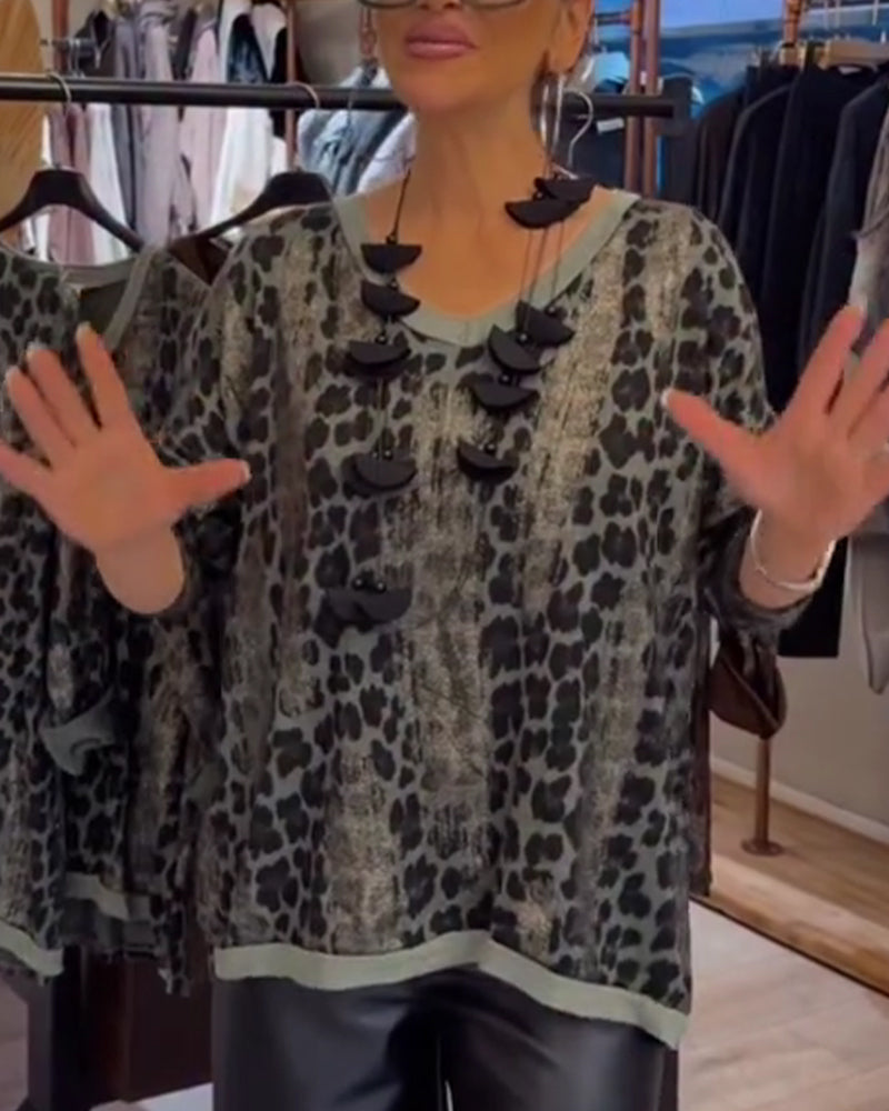 Top Leopardenprint V-Ausschnitt locker