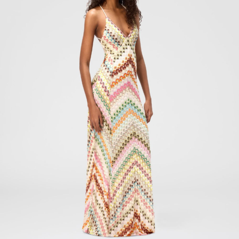Multicolor Chevron Print Maxi Dress with Spaghetti Straps for Women - Sabina