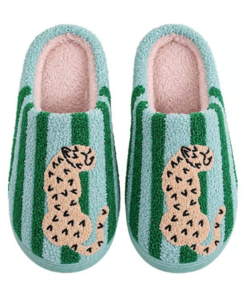 Dames Retro Gestreept & Luipaard Pluizige Pantoffels