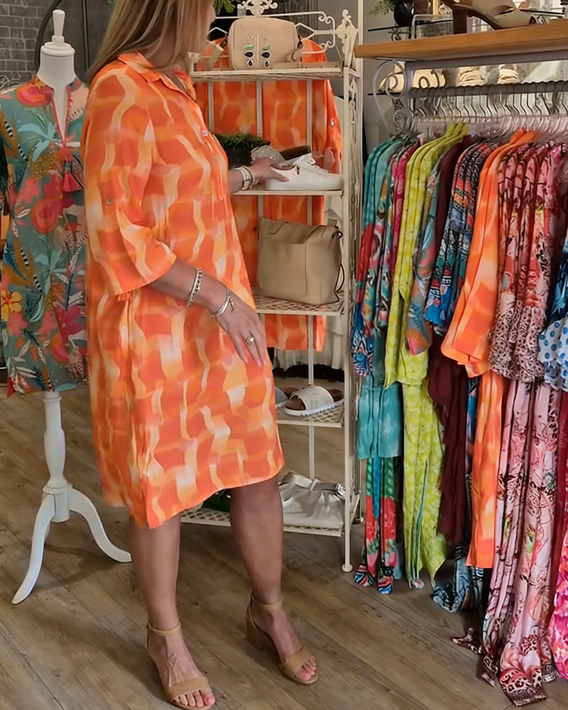 Kleid Dreiviertelärmel Kragen geometrischer Druck