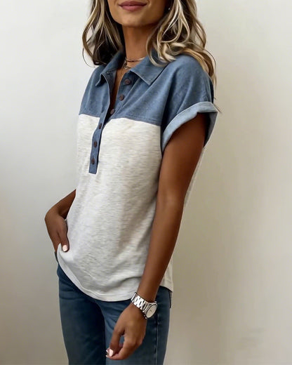 T-Shirt Knopfleiste Patchwork Umlegekragen