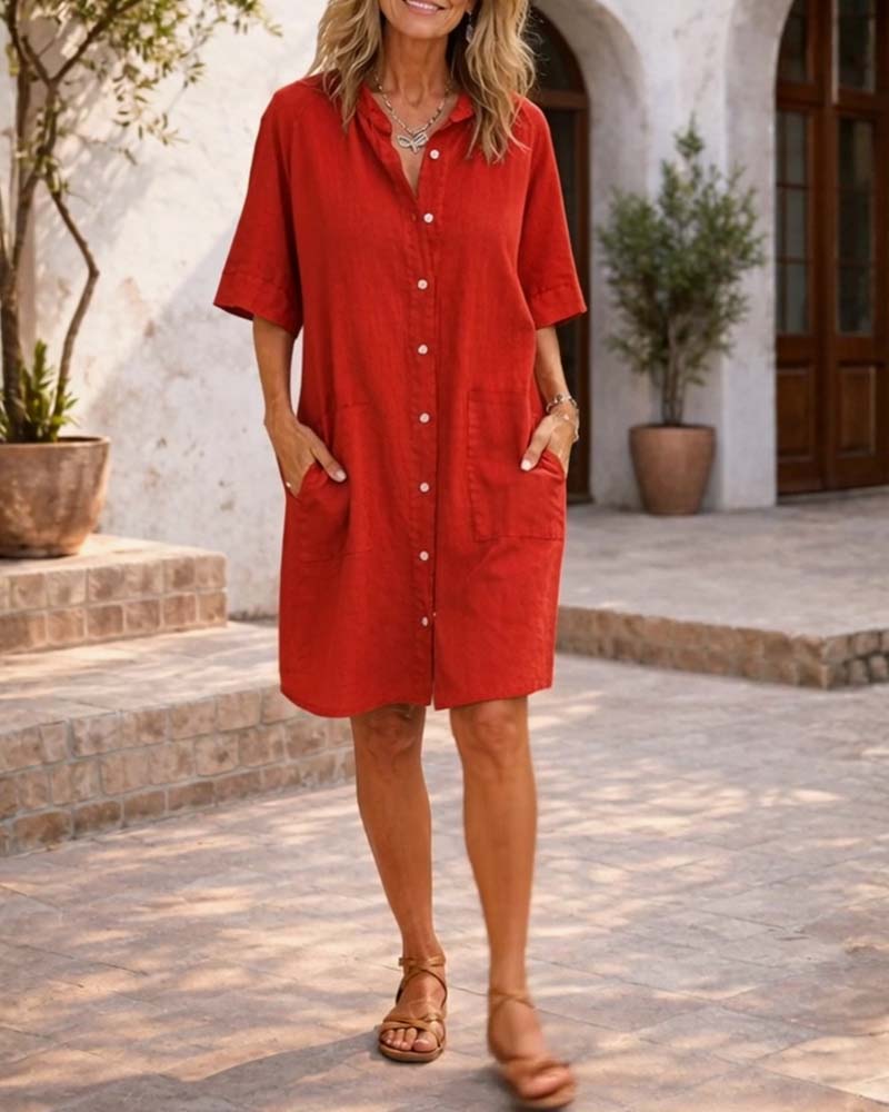 Kleid Revers Leinen Tasche Hemd