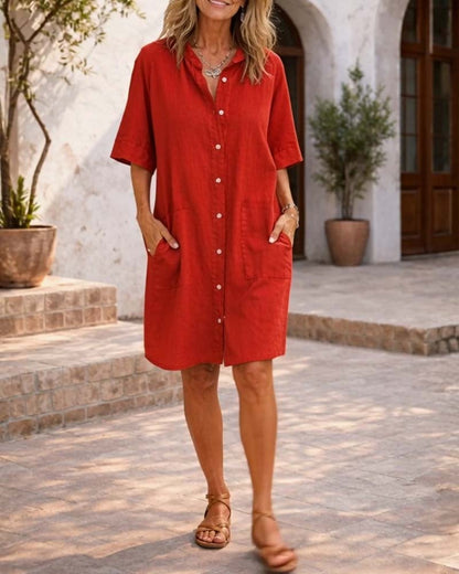 Kleid Revers Leinen Tasche Hemd