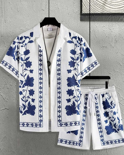 Herren Set Blaues Porzellan Knopfleiste Kurzarm