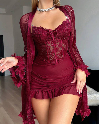 Kleid Spitze Cover-Up Spaghettiträger Spitzenbesatz Pyjama