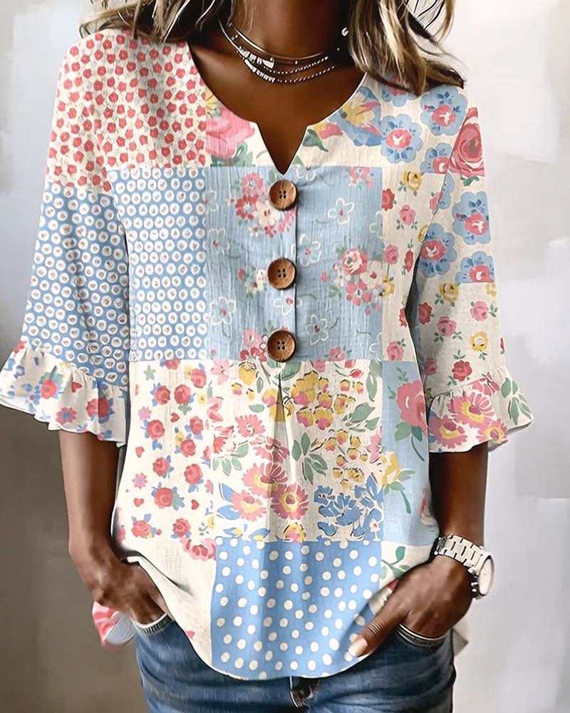 Bluse Kurzarm Blumenprint Patchwork