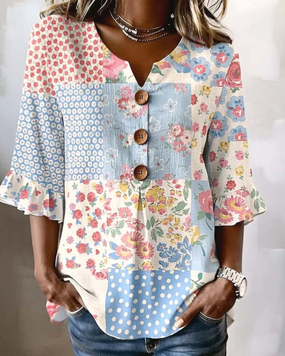 Bluse Kurzarm Blumenprint Patchwork