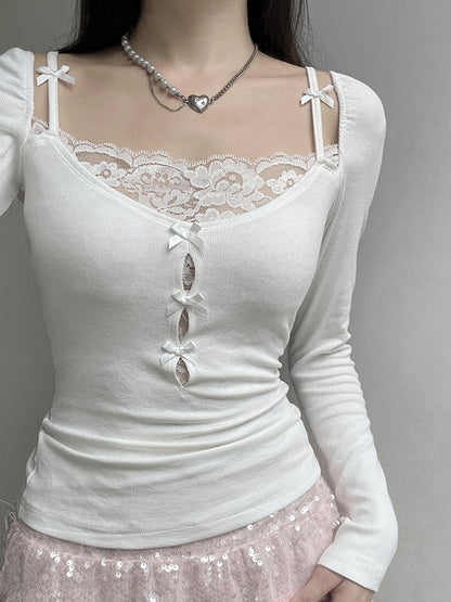 White Lace Stitching Bow Neck Long Sleeve Knit