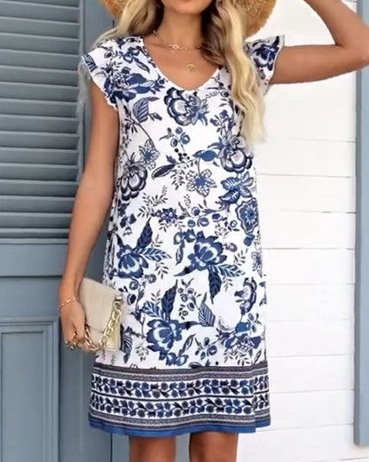 Kleid Blaues China-Muster V-Ausschnitt Kurzarm