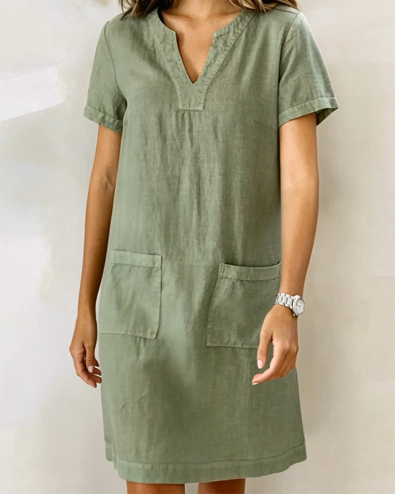 Kleid Kleiner V-Ausschnitt Tasche Shift