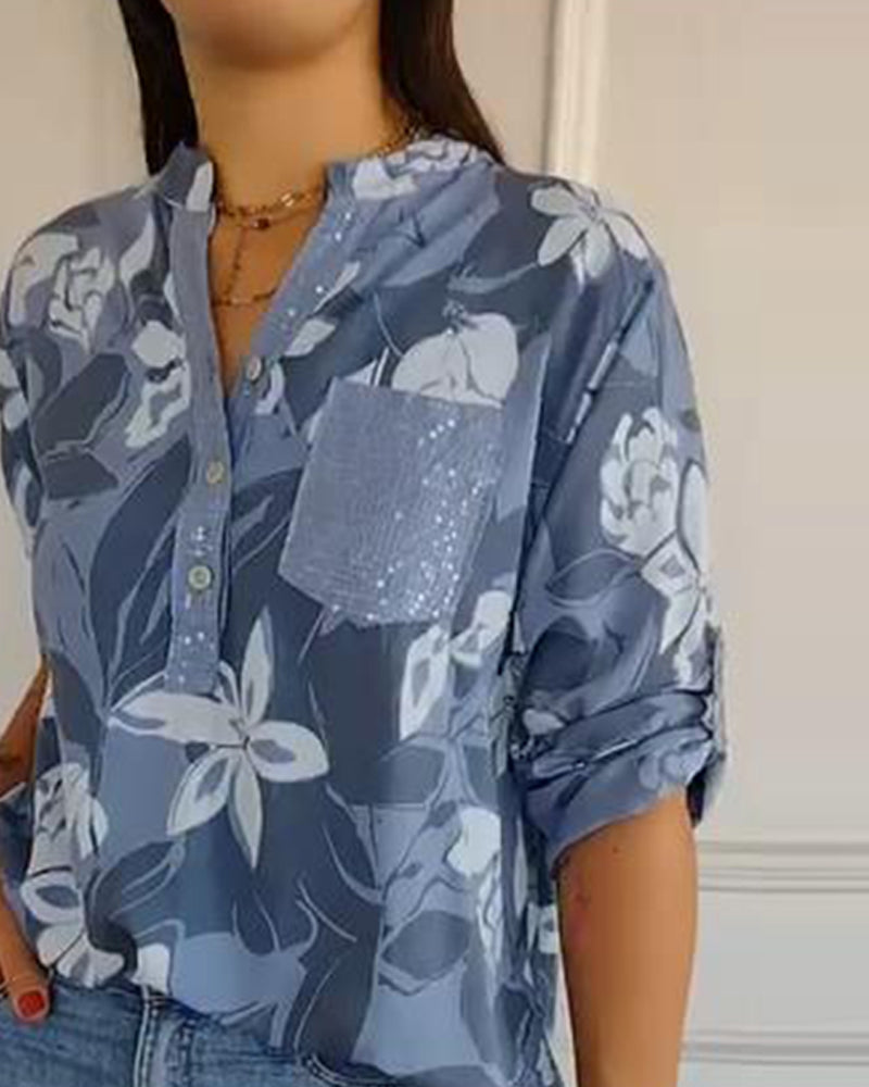 Bluse Knopfleistenkragen Pailletten Color-Block