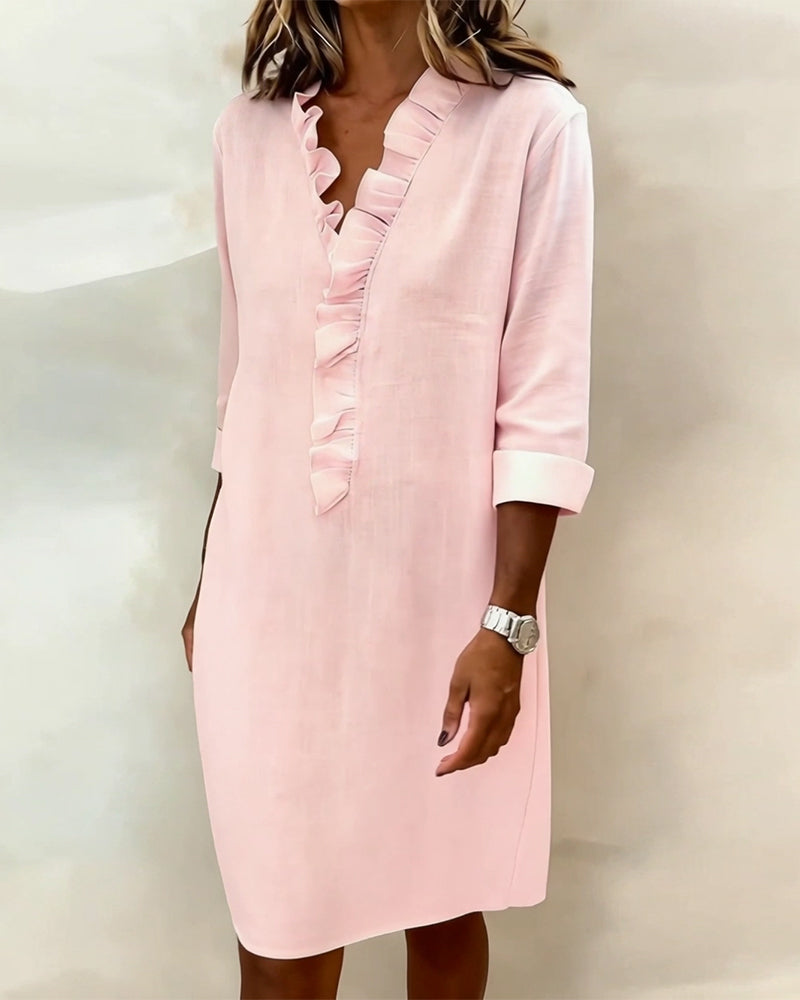 Kleid gerüscht V-Ausschnitt einfarbig