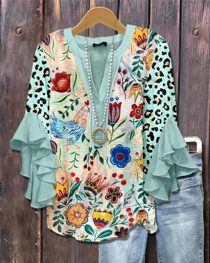 Bluse Leopard Blumenprint Rüschenärmel