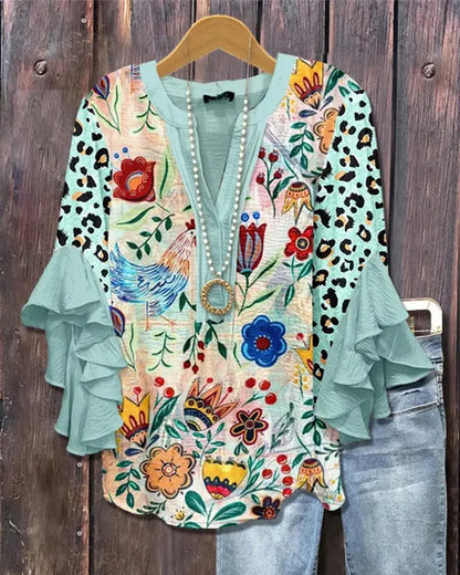 Bluse Leopard Blumenprint Rüschenärmel