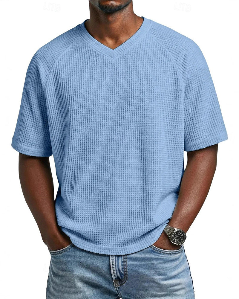 Herren-V-Ausschnitt-Shirt In Waffelstruktur, Lässiges Kurzarm-Oberteil In Unifarbe