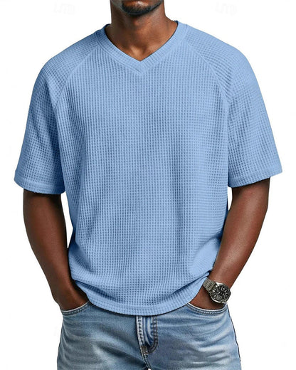 Herren-V-Ausschnitt-Shirt In Waffelstruktur, Lässiges Kurzarm-Oberteil In Unifarbe