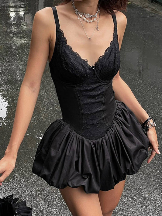 Schwarzes Y2k Lace Stitching V Ausschnitt Mini Kleid