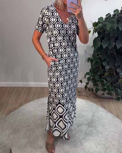 Kleid V-Ausschnitt Geometrisch Kurzärmlig