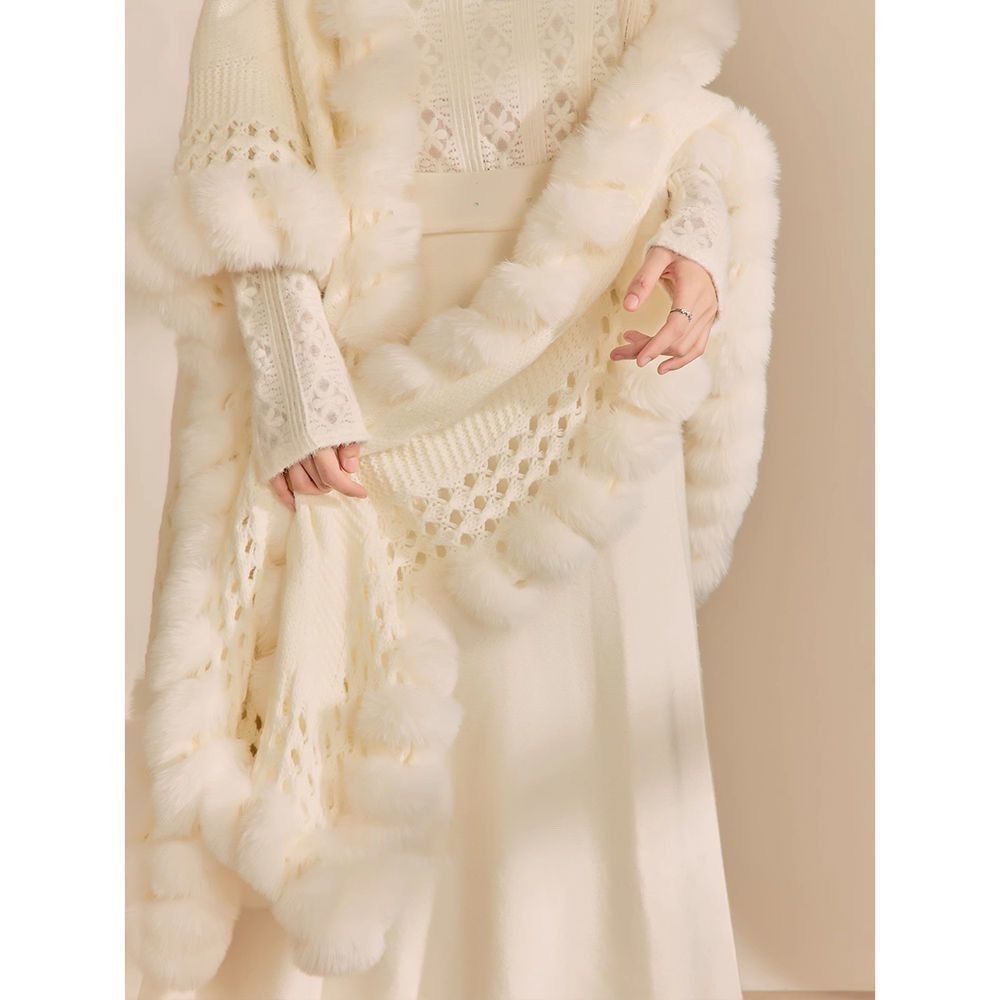 White Knit Cape with Faux Fur Trim for Women - Monica