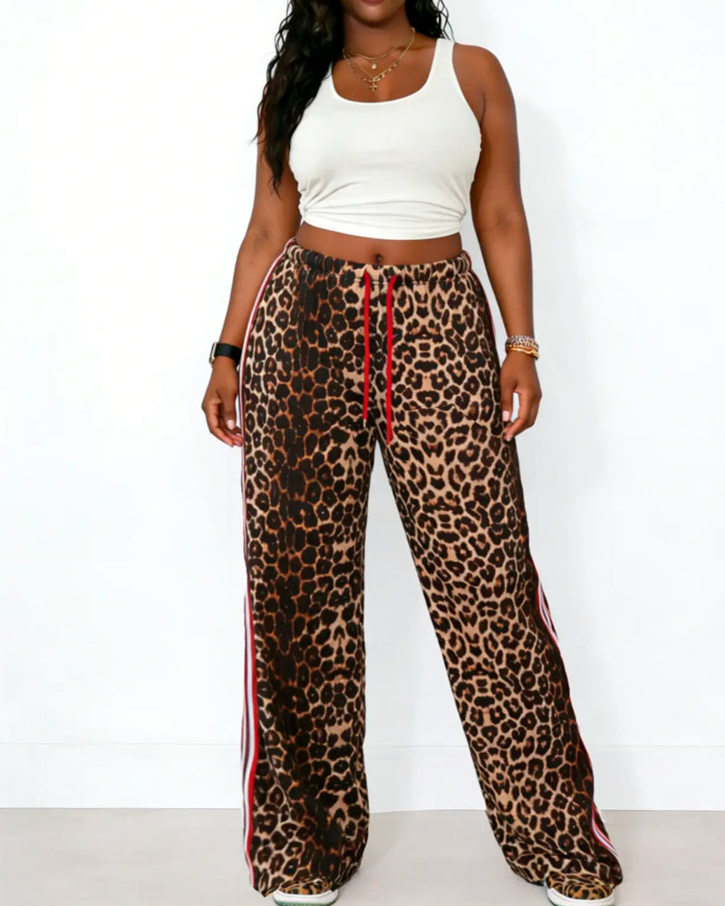Hose Colorblock Leopardenmuster Kordelzug gerade geschnitten