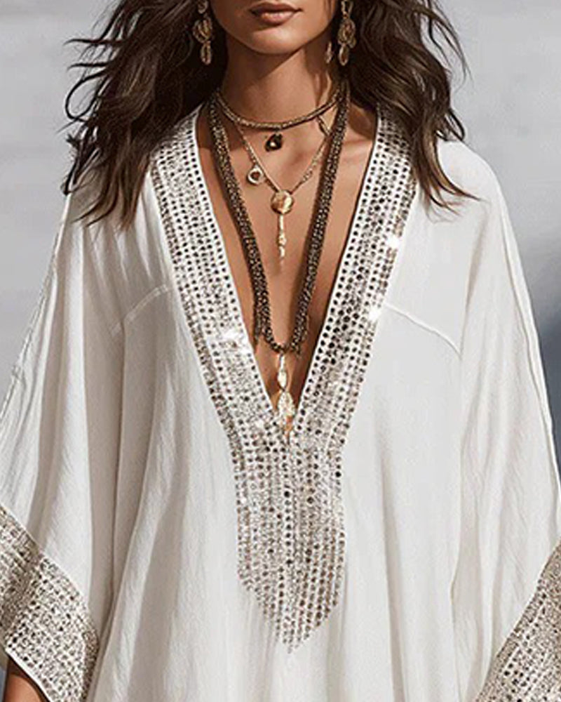 Kleid Tiefer V-Ausschnitt Urlaub Mode Loose Fit