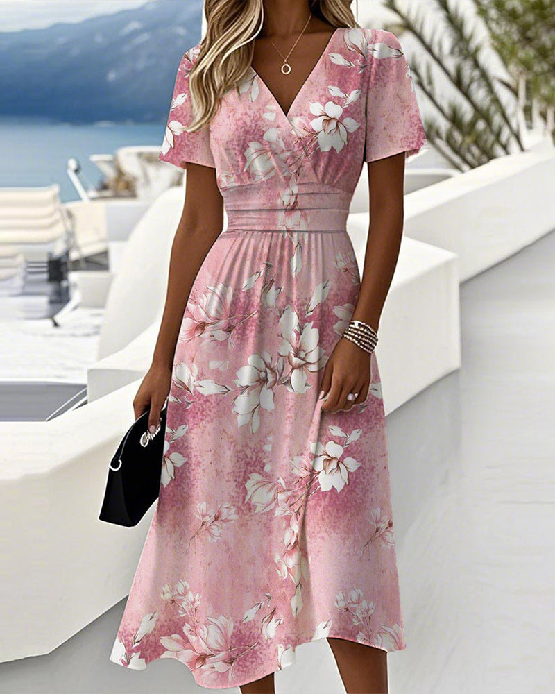Kleid Orchideenprint V-Ausschnitt Lässig