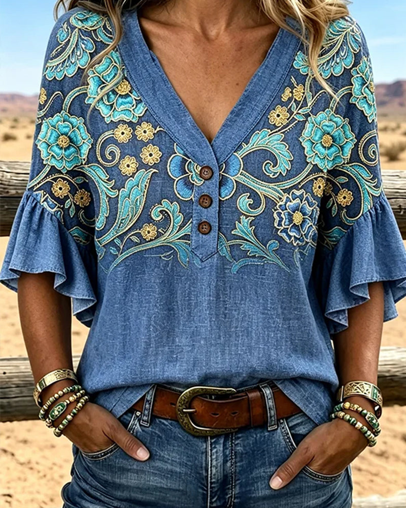 Bluse Bohemian Print V-Ausschnitt Vintage