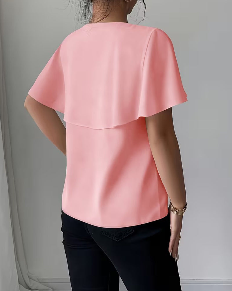 Bluse Unifarben Schleife V-Ausschnitt