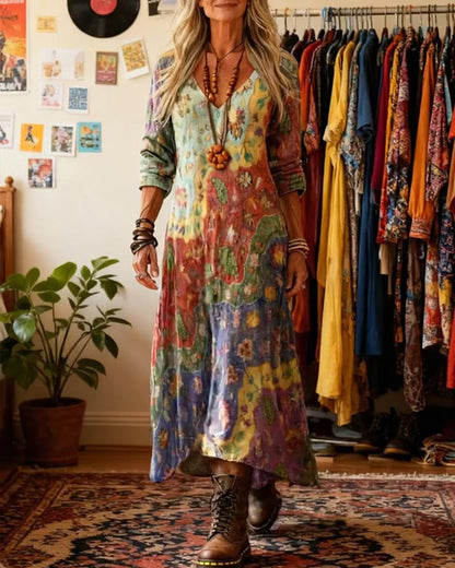 Kleid im Ölgemälde-Stil mit V-Ausschnitt
