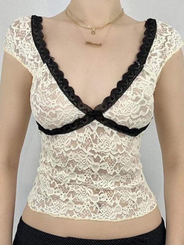 Weißes Y2k T-Shirt mit V-Ausschnitt Kurzarm und Color Block Spitzenapplikation
