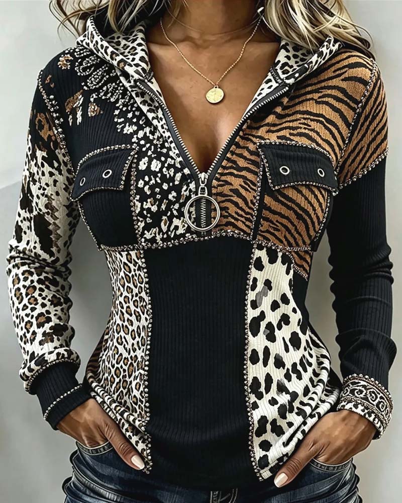Oberteil Leopard Patchwork Halber Reißverschluss Mit Kapuze