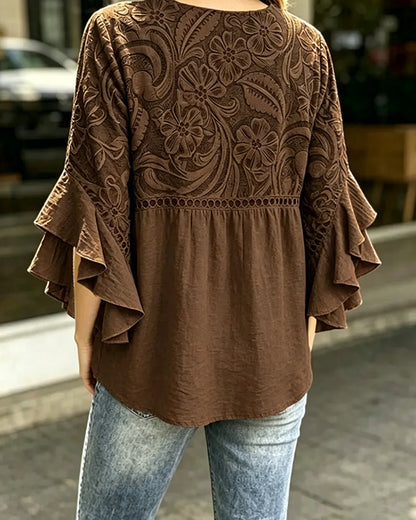Bluse Vintage Blumenprint Asymmetrischer Rüschenärmel